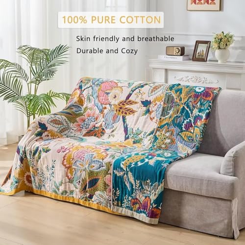 ERZVND Boho Throw Blanket Farmhouse Decor Throw Blanket Bohemian Blanket for Bed 100% Cotton Muslin Woven Couch Blanket All Seasons Quilt Bedroom (C-Beige, 50"x60") by ERZVND - Used condition - Image 4