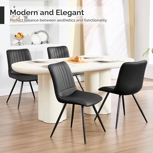 Image of Dining Chairs Set of 6, Modern Dining Chairs with Thick Cushions, Faux Leather Kitchen Chairs with Metal Legs for Dining Living Room (Black)