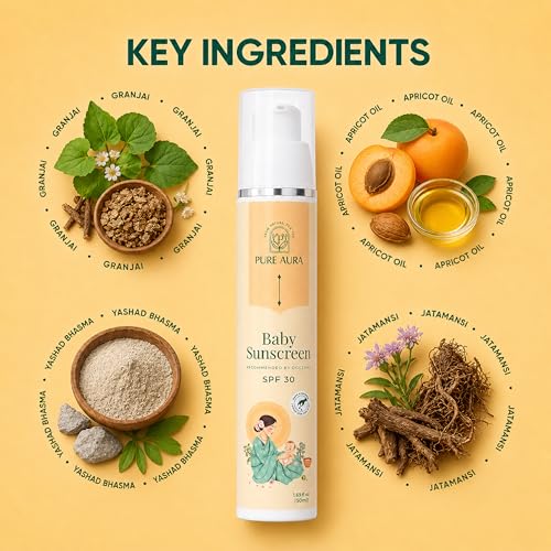 Image of Pure Aura Baby Sunscreen SPF 30 50gm, Pack of 3 - Doctor Recommended 100% Mineral Ayurvedic Sunscreen for Babies & Kids | Chemical-Free Outdoor Sun Protection for Sensitive Skin