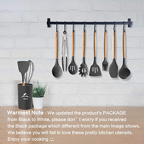 MIBOTE 14PCS Silicone Cooking Kitchen Utensils Set with Holder, Wooden Handles BPA Free Non Toxic Silicone Turner Tongs Spatula Spoon Kitchen Gadgets Utensil Set for Nonstick Cookware (4-Grey) - Thumbnail 7