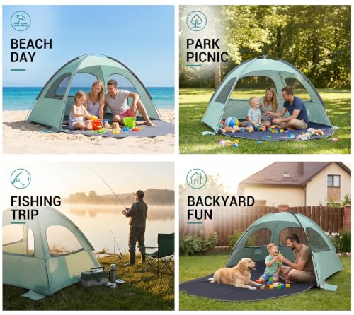 Image of WhiteFang Beach Tent Anti-UV Portable Sun Shade Shelter for 3 /4 /6 /8 Person, Extendable Floor with 3 Ventilating Mesh Windows Plus Carrying Bag, Stakes and Guy Lines