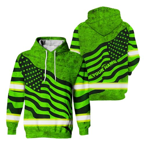 HiVis Custom Men's Green HiVis Custom HiVis Green Black Neon Independence USA Flag Custom Name High Visibility Hoodie For Men Workers, Truckers, Operators, Patriotic-2XL