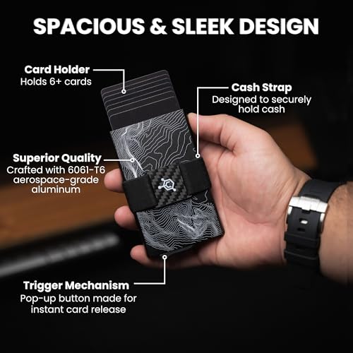 Image of CODE 118 Wallet for Men - Slim Minimalist Aluminum Smart Wallet with RFID Blocking - Compact cash and Credit card holder with Pop Up Ejector (Classic, Topographic Black)