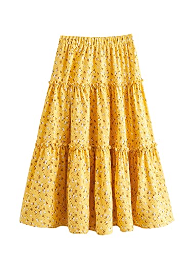 Floerns Girls Boho Floral Print High Waist Flare Hem Summer Long Skirt Yellow 11-12Y #TOP9