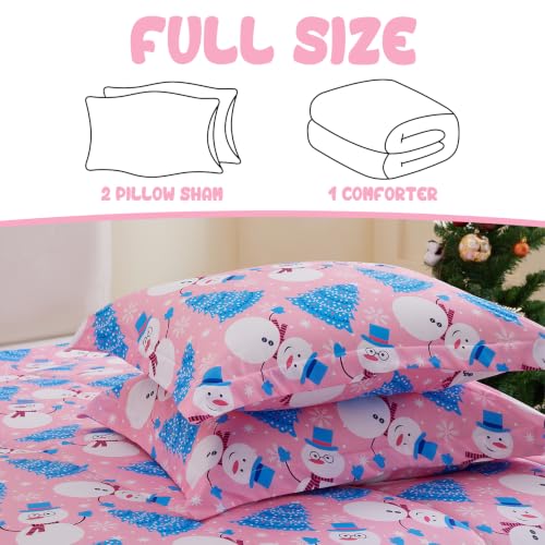 Image of Yibeizi Pink Christmas Comforter Set Full Kids Cute Snowman Xmas Bedding