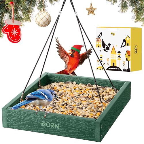 iBorn Platform Bird Feeder Tray Bird Feeders for Outdoors Hanging for Outside Flat Birdfeeder Tray with Large Capacity 3LBS, WPC Recycled Plastic & Cedar Look, Waterproof, 10.6'x10.6', Green