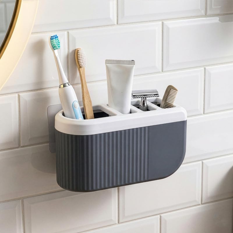 Image of HAPPI Self-Adhesive Wall-Mount Toothbrush Holder for Bathroom, Toothpaste Stand Storage Organizer Box (4-Compartments)