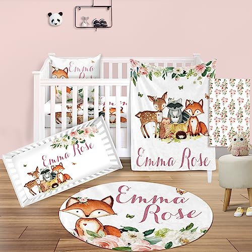 Custom Nursery Crib Bedding Set: Personalized Nursery Decor Baby Blanket Fitted Crib Sheet Changing Pad Cover Baby Room Rug Woodland Animal Fox Pattern Gift Idea(Fixed Size)