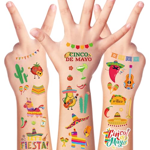 12 Sheets Fiesta Temporary Tattoos, Cinco De Mayo Stickers with Taco Pinata Cactus for Adults, Mexican Fake Tattoos for Cinco De Mayo Party Favors Supplies Accessories