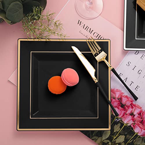 Plastic Disposable Square Dessert Plates | 50-Pack 7.5 Inches Black With Gold Rim Square Plates | Ideal For Weddings, Parties, Catering | Heavy Duty & Non Toxic #TOP3