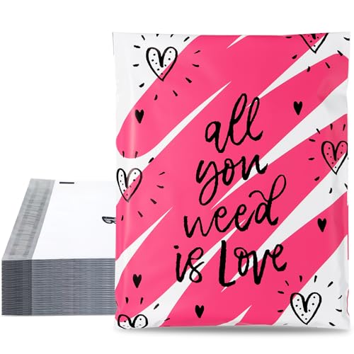 10x13 Inch TONESPAC 100 Pack 3.15Mil Poly Mailers Hot Pink Love Heart Shipping Bags, Self-Sealing Non-Padded Envelopes for Small Business, Valentine Poly Bags - Love Heart