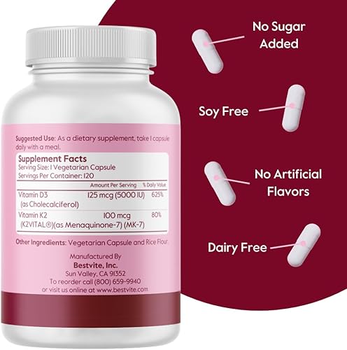 Miniatura 2 de BESTVITE Vitamina D3 vegana 5000 UI + vitamina K2 100 mcg como MK-7 (120 cápsulas vegetarianas)  Sin estearatos  Vegano  Sin OMG  Sin gluten