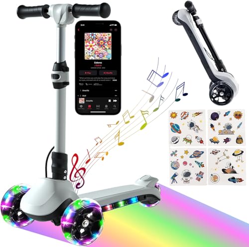 3 Wheel Electric Scooter for Kids, Foldable 24V E-Scooter with Music Speaker, LED Light Wheels, Thumb Accelerator, 3 Adjustable Height,5MPH Speed Toddler Motorized EScooters for Boys Girls