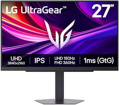 LG 27G810A-B 27-inch Ultragear 4K UHD (3840 x 2160) IPS Gaming Monitor, Dual Mode UHD 180Hz or FHD 360Hz, 1ms, NVIDIA G-Sync, AMD FreeSync Premium, VESA DisplayHDR 400, HDMI 2.1, Black