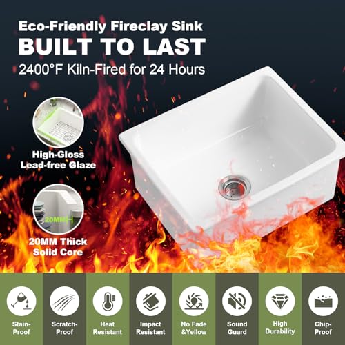 Image of Undermount Kitchen Sink 24 Inch, Small Deep Drop in Bar Sink Topmount, Fireclay Dual Mount White Farm Sink with 2 Accessoried, for Small Kitchen Island & Laundry