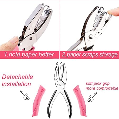 3 PACK Handheld Hole Paper Punch, Metal Single Hole Paper Punchers with Soft Grip, Circle Star Heart Shaped Holes Paper Punch for DIY Craft Tags Clothing Ticket - Pink