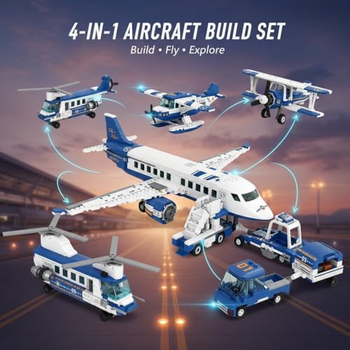 Image of SKY LINE OCEAN 4-in-1 Airplane Building Block Set, 936+ PCS Multi-Model Aircraft Kit with Passenger Plane, Cargo Plane & Airport Vehicles, STEM Construction Toy | 5 Year Structural Warranty