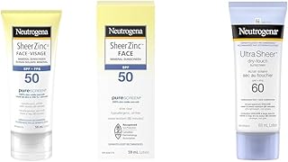 Neutrogena Sheer Zinc Mineral Face Sunscreen, SPF 50, 100% Zinc Oxide, 59 mL, white & Ultra Sheer Dry-Touch Sunscreen SPF ...