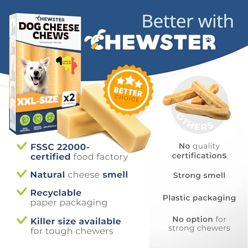 Chewster Käsestangen für Hunde - Kaukäse Hundeknochen - Langer Kauspaß aus natürlicher Milch - Käse-Kauknochen (410 g, XXL, 2er Pack)