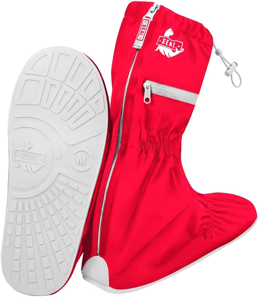 SEAL Waterproof Shoe Covers, Reusable Rain Shoe Covers with Slip Resistant Sole & Large Zippers, Rain Mud Snow Shoe Protector Covers for Men & Women Large ( W 9-10 / M 7.5-8.5) Red White