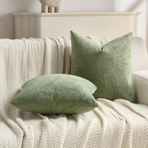 Image of FUTEI Pack of 2 Velvet Throw Pillow Covers 18x18 Inch Soft Embossed Leaf-Relief Textured Decorative Cushion Cases Modern Natural Farmhouse Accent for Couch Bed Living Room, Sage Green
