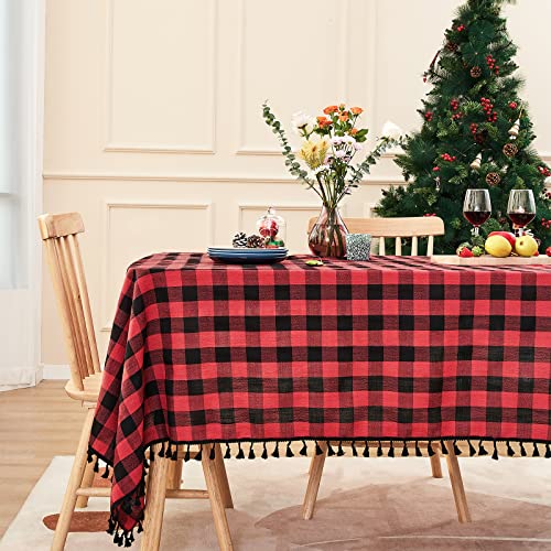 Christmas Tablecloth Buffalo Plaid Tablecloths-Cotton Gingham Table Cloth for Kitchen Restaurant Farmhouse Holiday Decor (Rectangle/Oblong, 55x70,Red and Black)