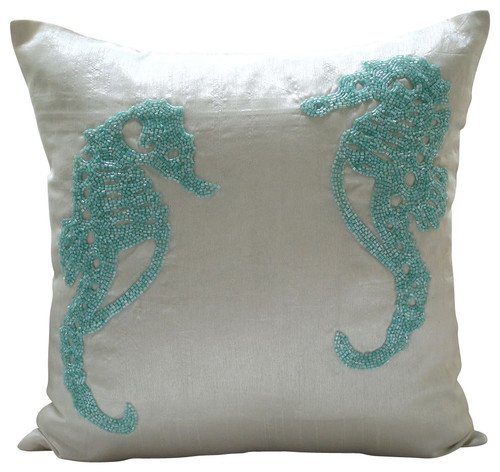 The HomeCentric White Euro Sham Cover, Pack of 2, 65x65 cm (26"x26") Euro Cushion Cover, Beaded Sea Horse Beach and Ocean Theme Nautical Euro Cushion Shams, Silk Euro Sham Cover - Sea Horse Aqua