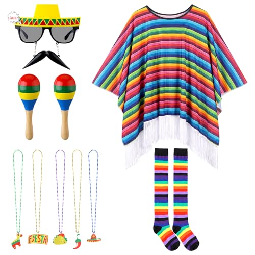 Newcotte 11 Pcs Mexican Party Costume Set Includes Fiesta Serape Poncho Sombrero with Mustache Sunglasses Cinco De Mayo Fiesta Necklaces Bead Maracas Stick Prop Novelty Socks for Adult