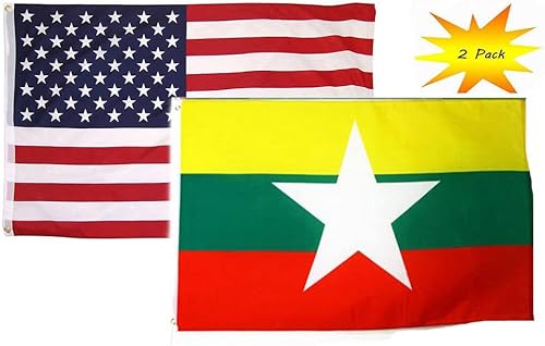 Juego de 2 banderas de país de Estados Unidos y Myanmar de 2 x 3 pies (paquete de 2) Lumaglow