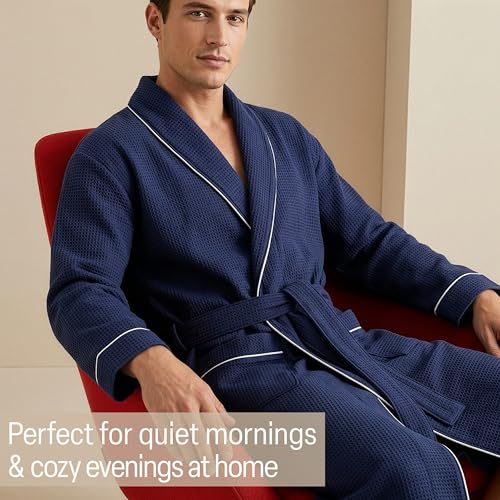 Bademantel Herren Teenager M–3XL, Baumwolle Bademantel Waffelpique, Leichter Saunamantel mit Gürtel und Taschen, Geschenke Für Männer (M, Marine)