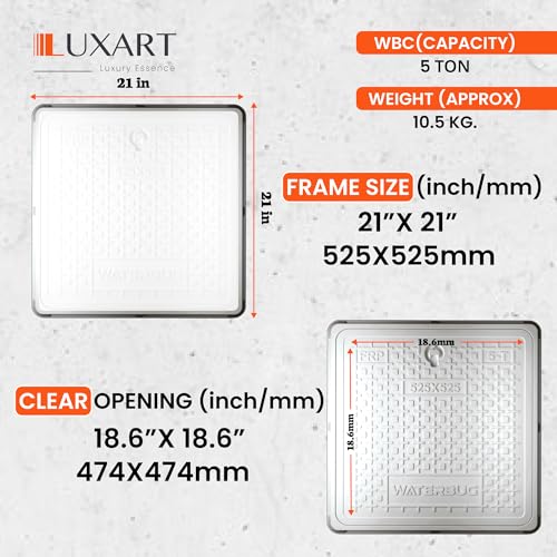 Image of LUXART 21x21 Inch Square Manhole Cover | Heavy Duty 5 Ton Capacity Lightweight FRP Chamber Lid | Weatherproof and Heat Resistant Cover for Water Tanks, Sumps, and Drainage Systems