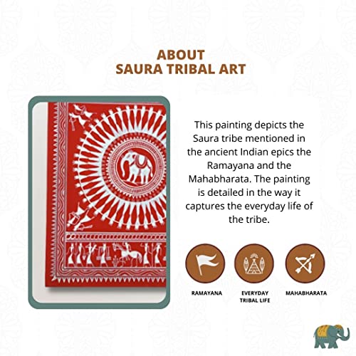 Image of Bhumee Creations Hand Printed Black Saura Tribal Painting on Tussar Silk | Framed Artwork | Size 22 Inches X 10 Inches