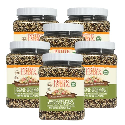Pride Of India – Juego de 6 – Quinoa natural tres colores – 100% real boliviano de alta calidad rica en proteínas enteras, bote de 567 g