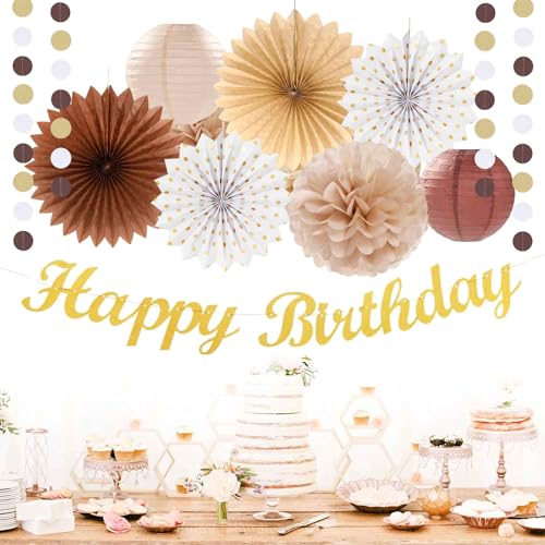 Image of White-Brown Champagne-Gold Boho Birthday Party-Decorations - 21pcs Happy Banner,Beige Neutral Rustic Paper Lanterns Honeycomb, Hanging Streamers,Tissue Pom Poms Flower Fan,Fall Decor Supplies Huglony