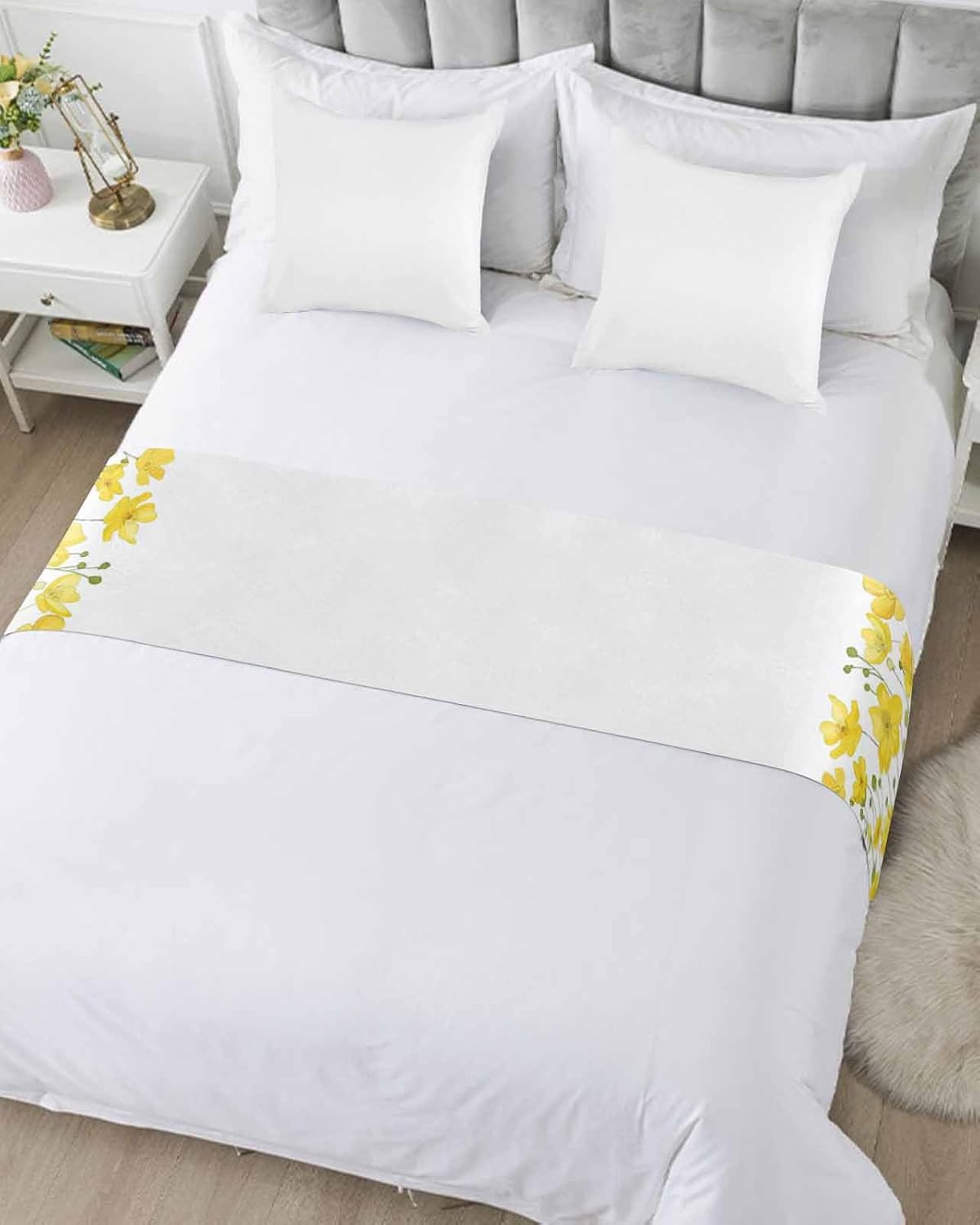 Yellow White Floral Bed Runner Scarf Bedding Accessory for Twin Size Bed,Soft Bed Scarves and Runners Stainproof Bedroom Decor for Hotel Wedding Room,Pastoral Minimalist Botanical Flower Leaf 71"x20"