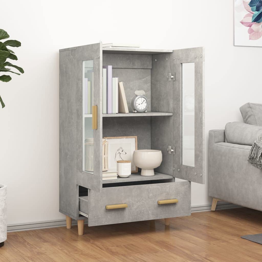 Générique Bufet wysoki szary beton 70x31x115 cm z dwoma przegródkami i szufladą, wytrzymała i stabilna szafka do przechowywania z drewna inżynieryjnego.