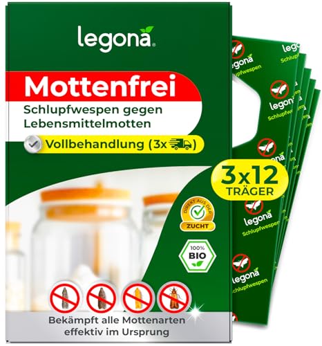 Preisvergleich Produktbild Legona Schlupfwespen gegen Lebensmittelmotten 3 Lieferungen je 12 Träger Mottenschutz für Küche und Vorrat Alternative zur Mottenfalle