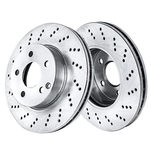 Image of Detroit Axle - Front Brake Kit for Mercedes-Benz 10-15 C250 08-12 C300 | 2012-2015 SLK250, 2008-2009 C230 Drilled Disc Brake Rotors 2009 2010 2011 2012 2013 2014 2015 Replacement Ceramic Brake Pads
