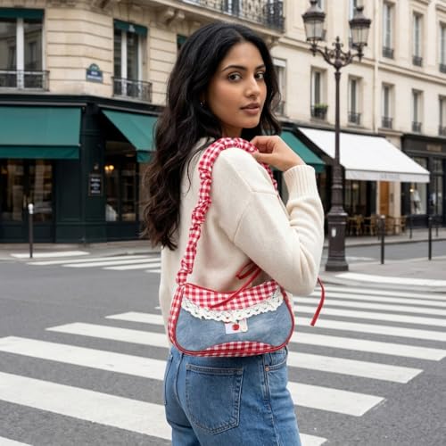 Image of PALAY Shoulder Bag for Woman Mini Red Lattice Lace Trim Bow Y2K Handbag