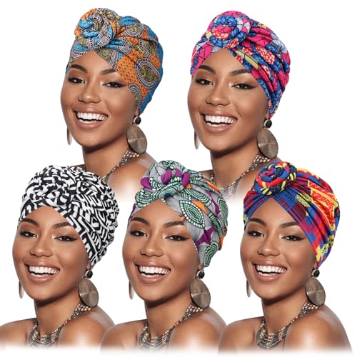 Image of DRESHOW 5 Pack Knotted Headwraps for Women African Turban Pre-Knotted Beanie Headwraps Hair Covers