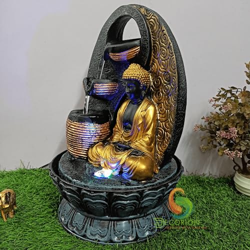 Image of Decorative Table Top Water Fountain for Home Decor /Office /Indoor & Outdoor /Garden /Puja Room /Vaastu with Multicolor LED Light and Adjustable Water Pump (3 Step Diya Buddha)