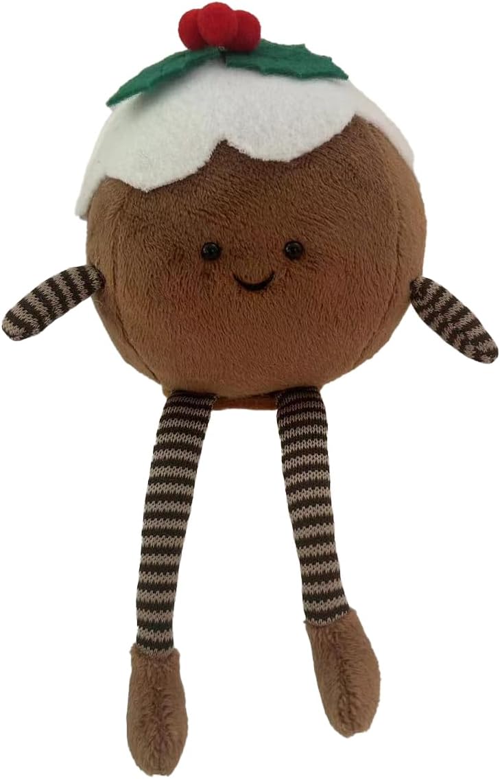 Gisela Graham Christmas Decoration Plush Pudding with Holly – Festive Soft Christmas Pudding Ornament with Striped Legs, 18.5cm