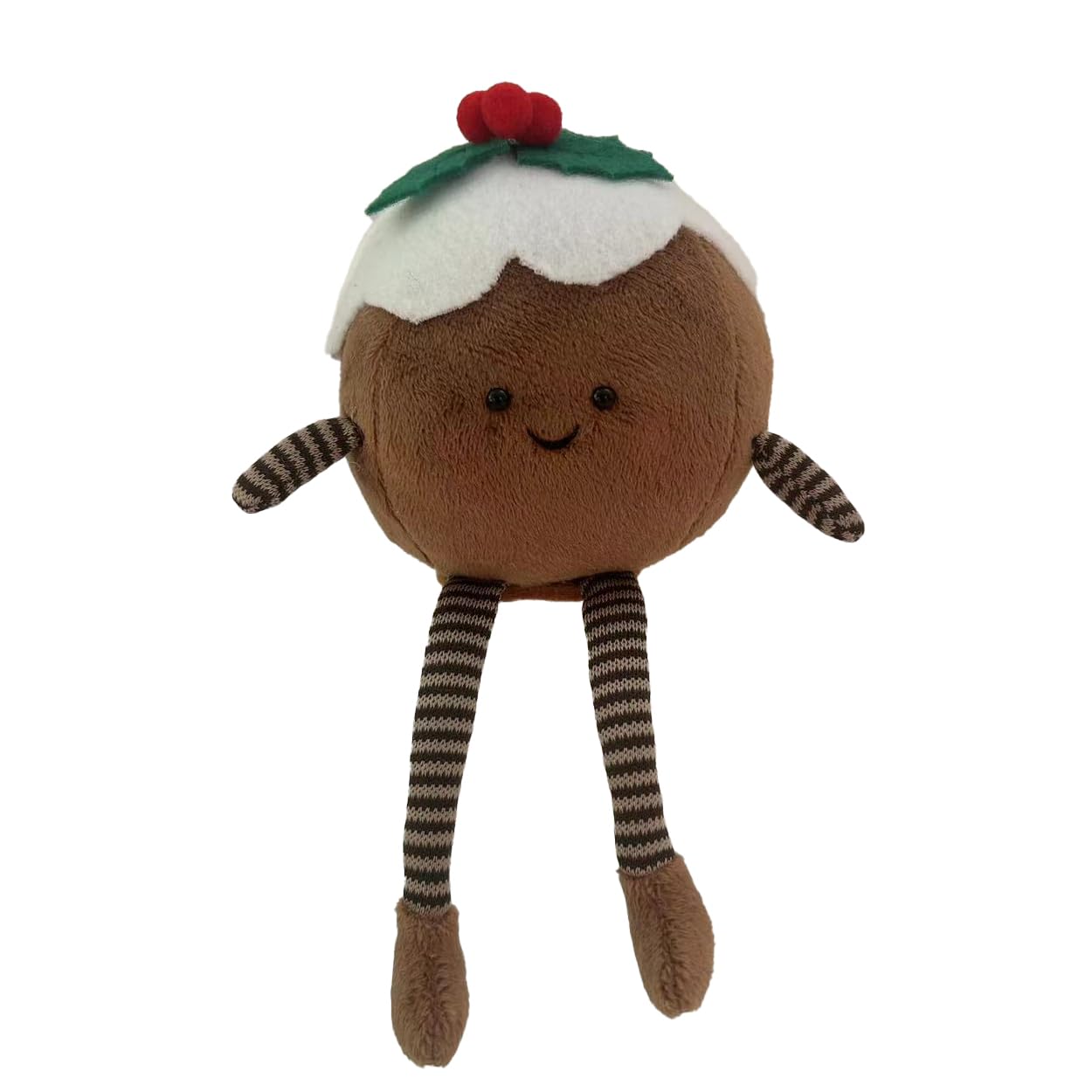 Gisela Graham Christmas Decoration Plush Pudding with Holly – Festive Soft Christmas Pudding Ornament with Striped Legs, 18.5cm