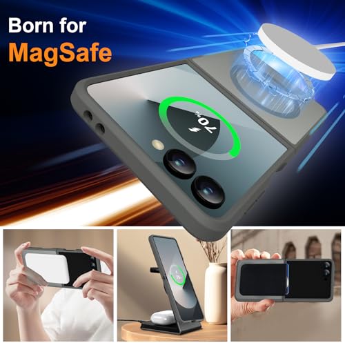 Image of ORETECH Magnetic for Samsung Galaxy Z Flip 7 Case, with [2 x Screen Protector] Translucent Back Non-Slip Hard PC Shockproof Bumper Protective Case for Samsung Z Flip 7 - Grey