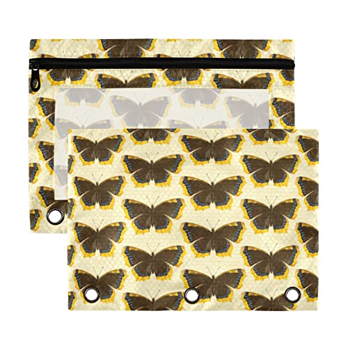 Estuche para lápices de 3 anillos color marrón, mariposa, amarillo, paquete de 2 estuches de plástico transparente impermeable con cremallera, bolsa de cosméticos, organizador de documentos de oficina