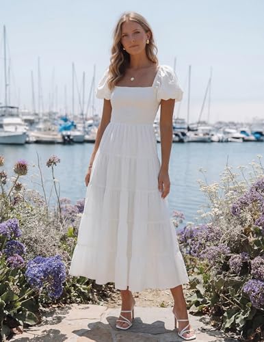 Image of ZESICA Women's 2026 Summer Puff Sleeve Midi Dress 2026 Boho Solid High Waist Flowy Beach Wedding Guest Long Dresses