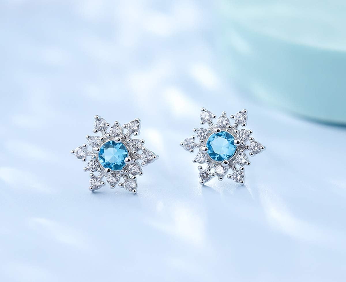 SLUYNZ Solid 925 Sterling Silver Sparkling Blue Crystal Snowflake Earrings Stud for Women Teens Pretty Snowflake Stud Earrings - Image 4