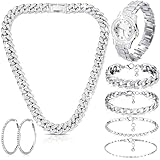 Tondiamo 6 Pcs Link Chain jewelry sets for Woman men with Rhinestone Necklace Bracelet Earrings Bling Diamond chunky Chain Watches Jewelry