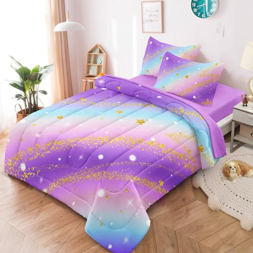 HICAND 3 Pcs Full Bedding Sets for Girls, Purple Glitter Rainbow Full Size Bed Set, Stars Galaxy Bedding Comforter Set for Girls — view 3