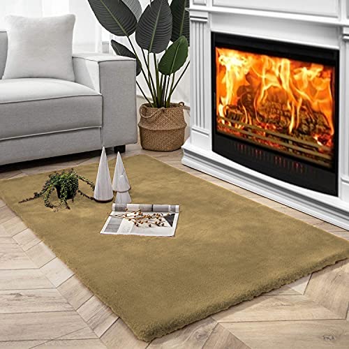 Image of Luxe Home Rabbit Fur Soild CarpetSuper Soft, Anti-Slip, Washable, Rectangle, for Livingroom Rug, in Bedroom Rug (Anti Gold, 3x5 Feet)